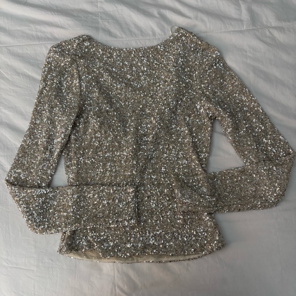 Free People Silver Sequin Backless blouse model leading the way long sleeve - Picture 7 of 9